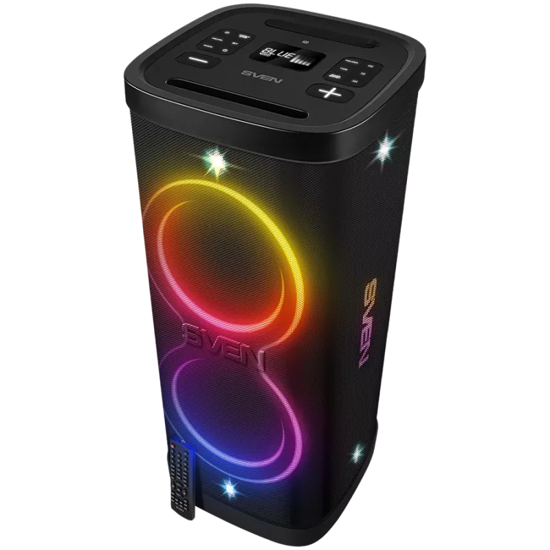 Partyboksluidspreker SVEN PS-1250, zwart (300W, TWS, IPx4, Bluetooth, FM, USB, microSD, LED-display, 13500mAh)