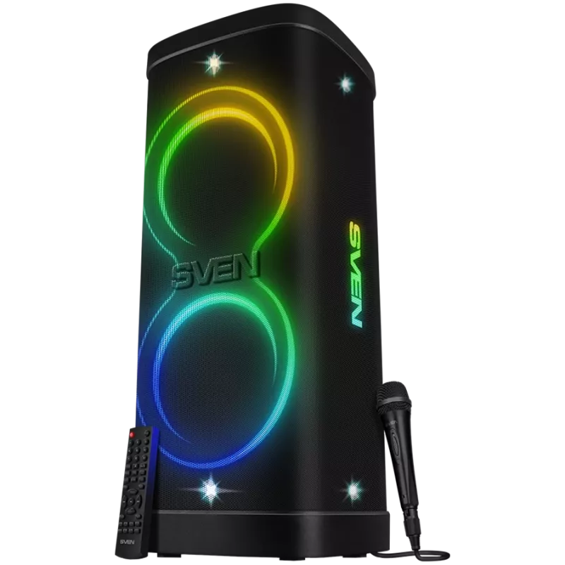 Partyboksluidspreker SVEN PS-1250, zwart (300W, TWS, IPx4, Bluetooth, FM, USB, microSD, LED-display, 13500mAh)