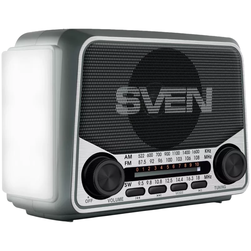 Luidspreker SVEN SRP-150, grijs (3W, Bluetooth, FM/AM/SW, USB, microSD, zaklamp, accu)