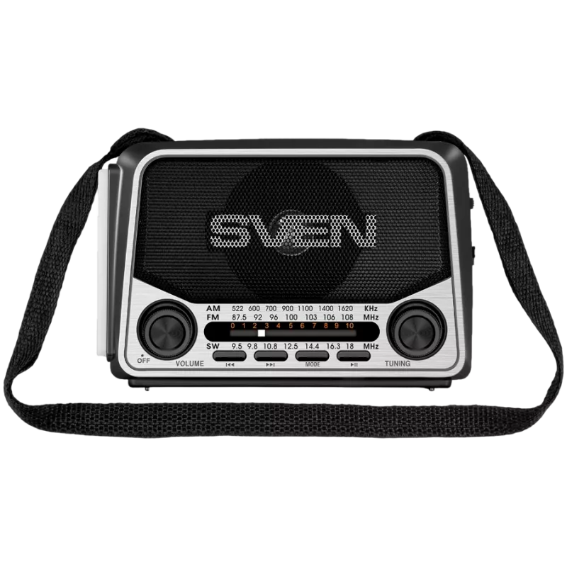 Luidspreker SVEN SRP-150, grijs (3W, Bluetooth, FM/AM/SW, USB, microSD, zaklamp, accu)