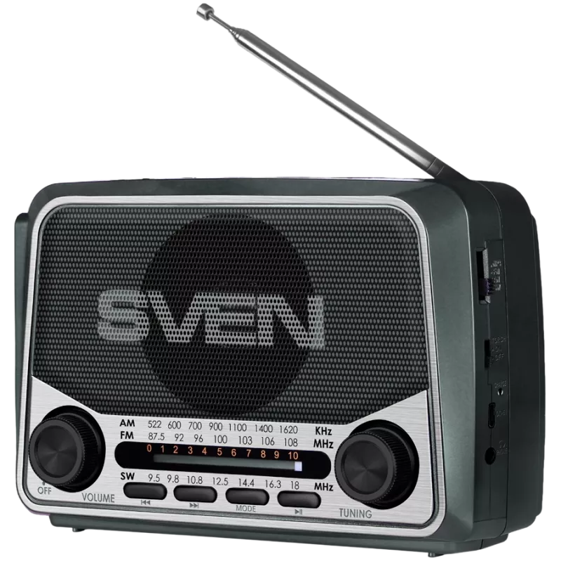 Luidspreker SVEN SRP-150, grijs (3W, Bluetooth, FM/AM/SW, USB, microSD, zaklamp, accu)