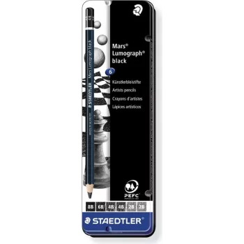 Staedtler Mars Lumograph 100B G6 grafietpotloodset – 6 verschillende hardheden (8B–B), zeshoekig, PEFC-gecertificeerd