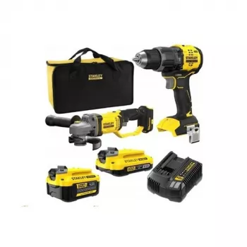 STANLEY V20 18V accu-twin-set – SFMCD716 borstelloze klopboormachine + SFMCG400 borstelloze haakse slijper, 2.0Ah & 4.0Ah accu's, oplader, softbag