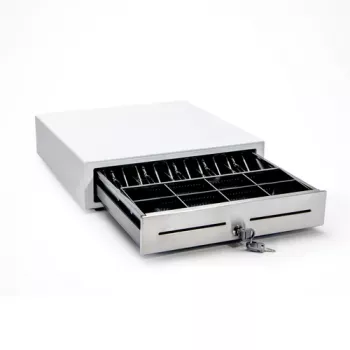 STAR MICRONICS CD4-1616WTSSC48-S2 geldlade, wit, roestvrijstalen front, 4 bankbiljet-/8 munt-/2 chequevakken, frontopening, detailhandel, afmetingen (BxHxD): 410x114x415mm, incl. RJ12-kabel