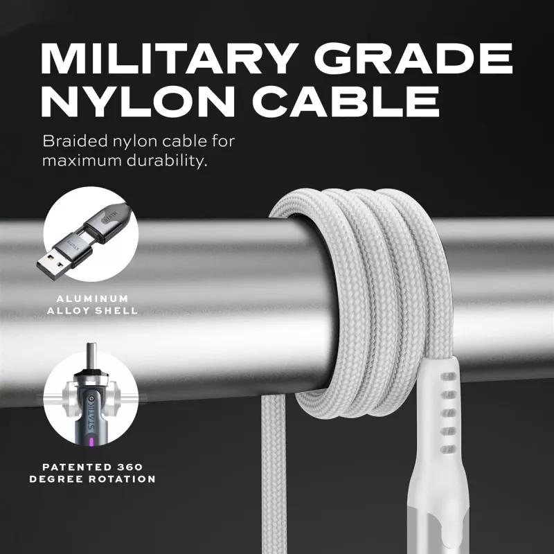 STATIK PowerPivot Pro Nylon gevlochten kabel, USB-C naar USB-C, 1m, wit