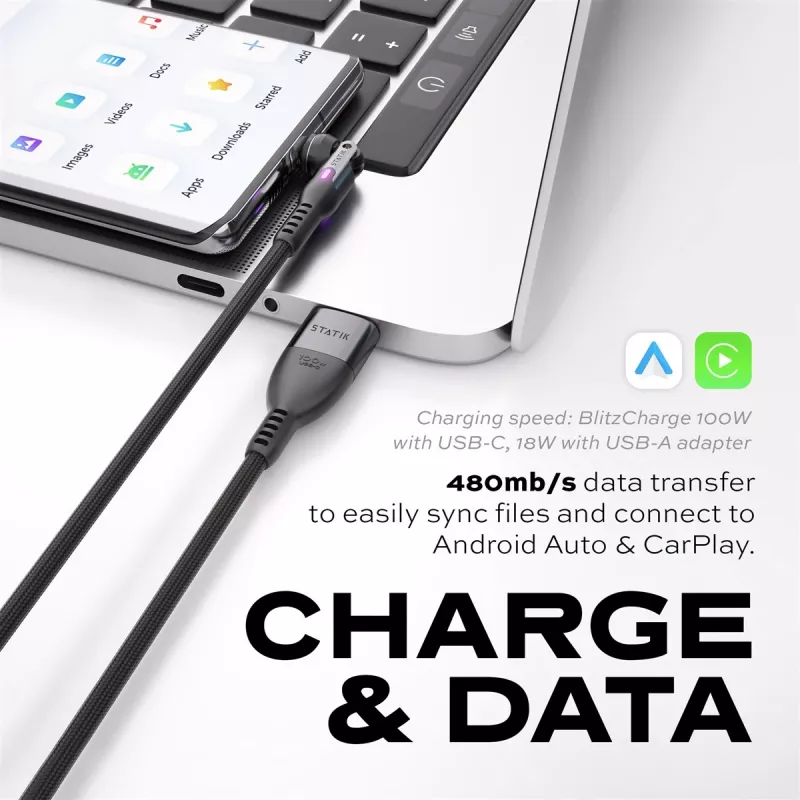 STATIK PowerPivot Pro Nylon gevlochten kabel, USB-C naar USB-C, 2m, zwart