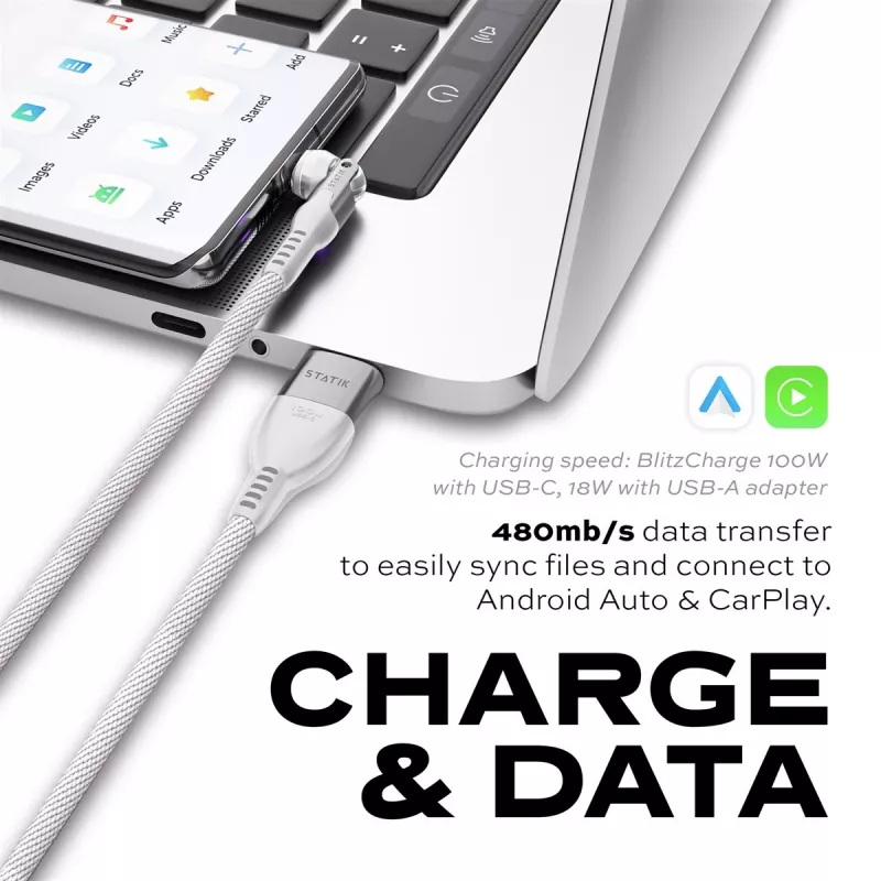 STATIK PowerPivot Pro Nylon Braided Cable, USB-C naar USB-C, 3m, wit