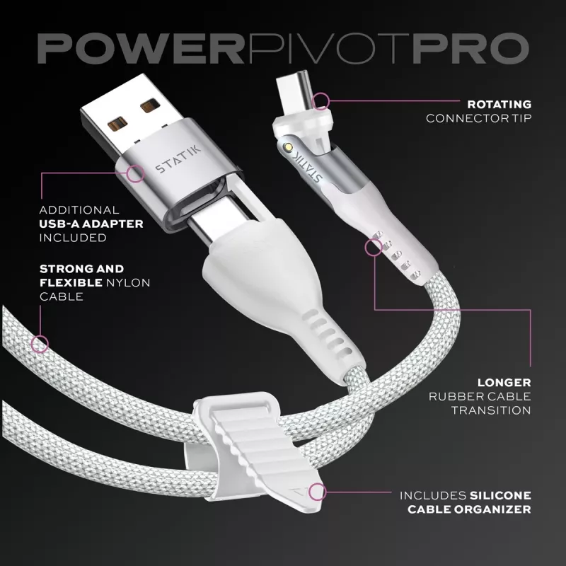 STATIK PowerPivot Pro Nylon Braided Cable, USB-C naar USB-C, 3m, wit