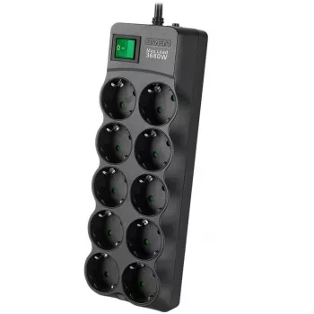 SVEN SF-10E-16 overspanningsbeveiliging stekkerdoos, 10 stopcontacten, 16A, 3,6kW, 1,8m, zwart
