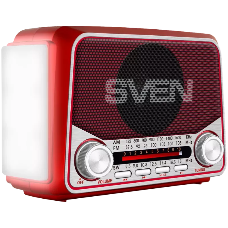 SVEN SRP-150 draagbare luidspreker, rood (3W, Bluetooth, FM/AM/SW, USB, microSD, zaklamp, accu)