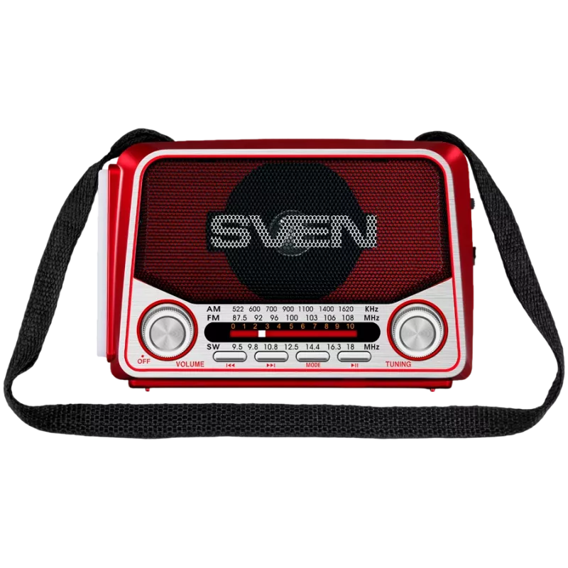SVEN SRP-150 draagbare luidspreker, rood (3W, Bluetooth, FM/AM/SW, USB, microSD, zaklamp, accu)