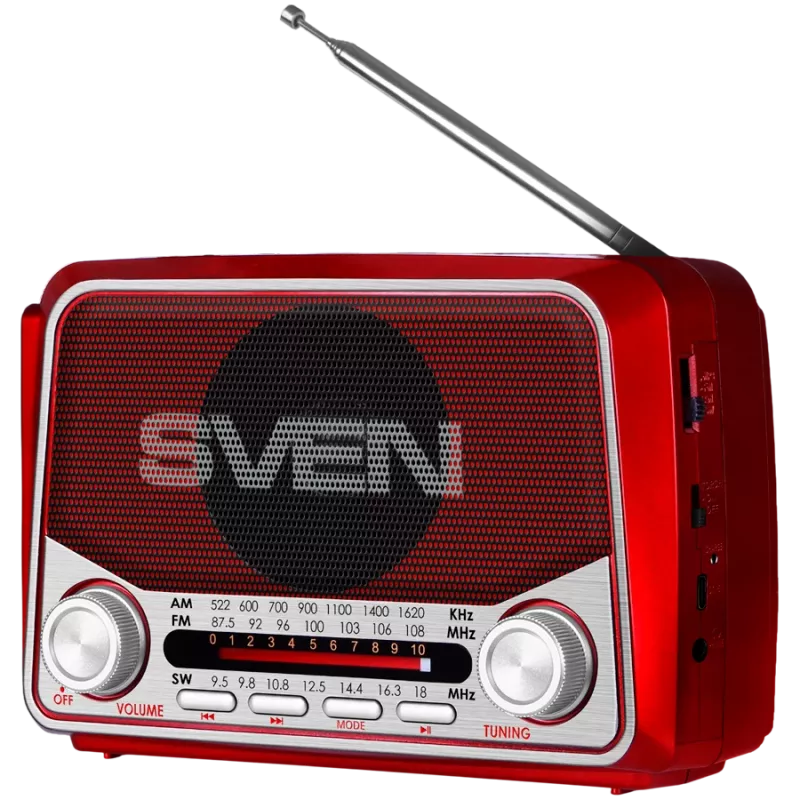 SVEN SRP-150 draagbare luidspreker, rood (3W, Bluetooth, FM/AM/SW, USB, microSD, zaklamp, accu)