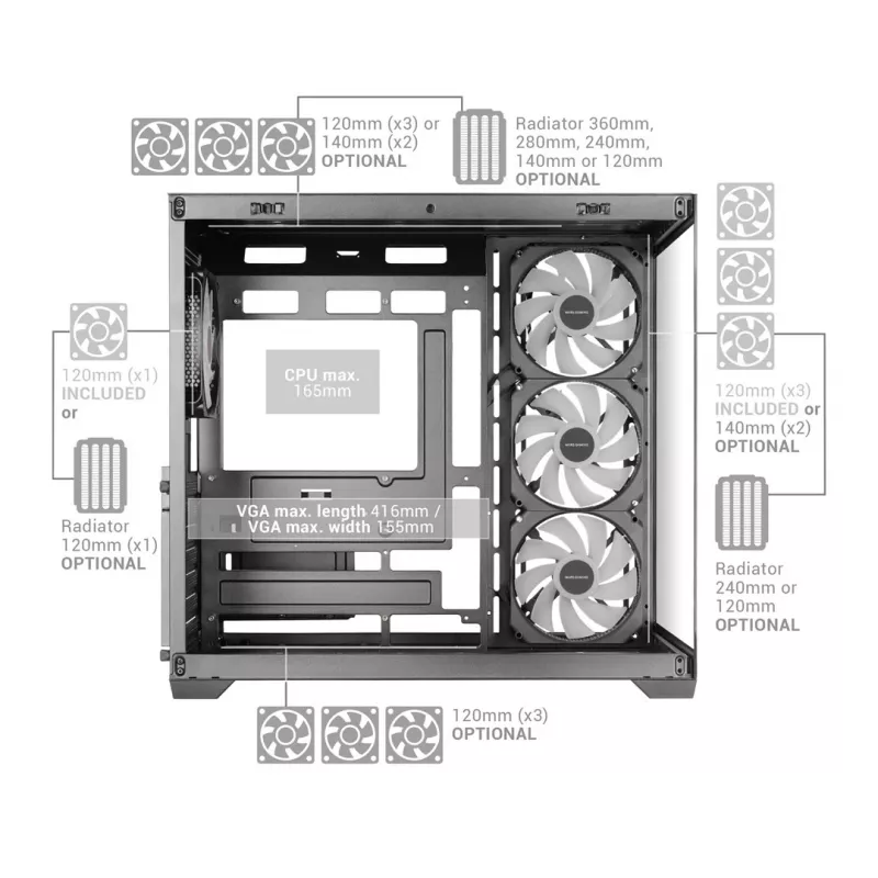TACENS MARS MC-V5 4xARGB USB-C ATX mid-tower behuizing met gehard glas