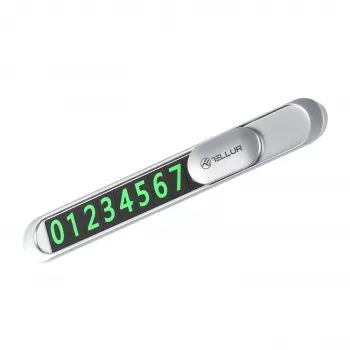 Tellur tijdelijke parkeerkaart met telefoonnummer, metallic zilver