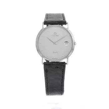 TETRA dameshorloge T-008 30mm zilverkleurige wijzerplaat zwarte leren band quartz