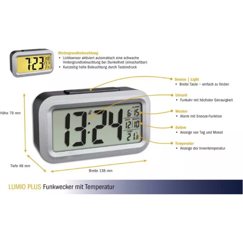 TFA Dostmann Lumio Plus radiowecker zwart/zilver