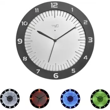 TFA LUMOCLOCK radio-wandklok met kleurverlichting, digitaal LCD, 7 kleuren, binnentemperatuur, wekker, sluimerfunctie, 12/24H, DCF-77
