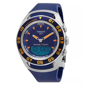 TISSOT T-Touch II herenhorloge T056420270410 - 45mm titanium kast, blauwe rubberen band, Zwitsers quartz chronograaf met hoogtemeter, barometer, kompas, thermometer