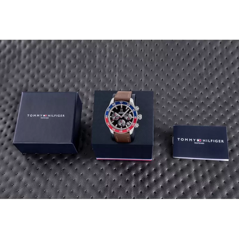 Tommy Hilfiger heren Damon quartz horloge 1792166 40mm blauwe wijzerplaat bruin leer