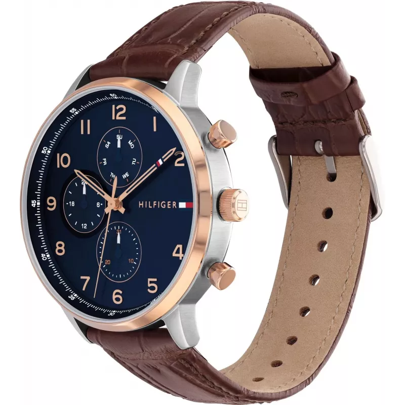 Tommy Hilfiger herenhorloge 1791987 44mm RVS behuizing bruine leren band blauwe wijzerplaat