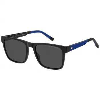 TOMMY HILFIGER TH-2144-S-D51 heren rechthoekige zonnebril - zwart acetaat montuur, grijze polycarbonaatglazen 55/19/145 mm