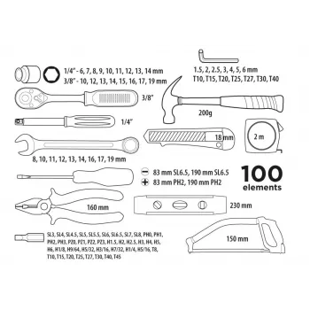 Top Tools 100-delige dopsleutel- en gereedschapsset met 1/4 inch en 3/8 inch aandrijving, chroom-vanadiumstaal, 72-tands ratel en kunststof koffer
