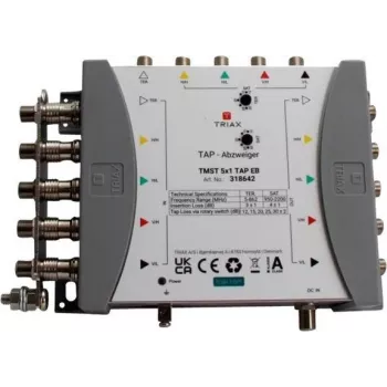 TRIAX TMST 5x1 TAP multiswitch met 4 dB aftakdemping, 5 satellietingangen, terrestrische ingang, 4 deelnemeruitgangen 318642