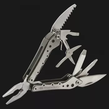 True Utility Minimulti 10-in-1 zakmultitool met tang, mes, zaag, schroevendraaiers, flessenopener, sleutelhangoog, zilver