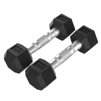 Tunturi Platinum Hex Rubber dumbbell 2kg paar - zeshoekig rubber gecoat, geribbeld chroomgreep
