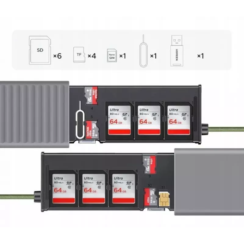 UGREEN 2-in-1 USB 3.0 SD/microSD-kaartlezer met opbergdoosje, grijs