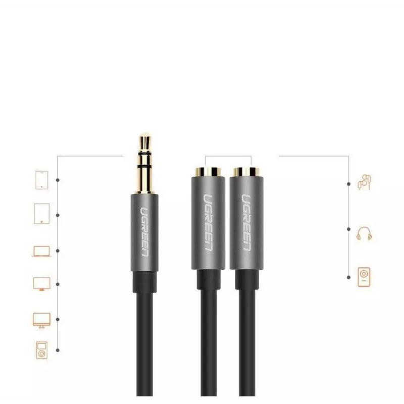 UGREEN 3.5mm aux stereo audiosplitter kabel met vlechtwerk 20cm zwart
