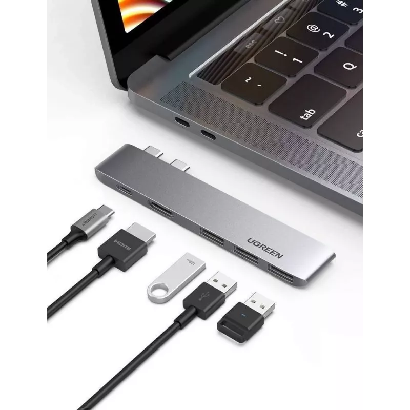 UGREEN 60559 5-in-2 USB-C-hub voor MacBook Pro/Air, USB-C PD 100W, HDMI 4K, 3x USB 3.0