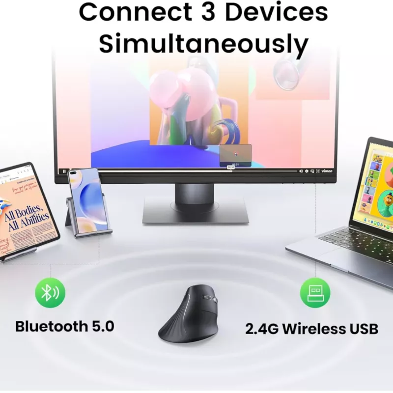 UGREEN multi-mode verticale muis Bluetooth en 2.4G draadloos – zwart
