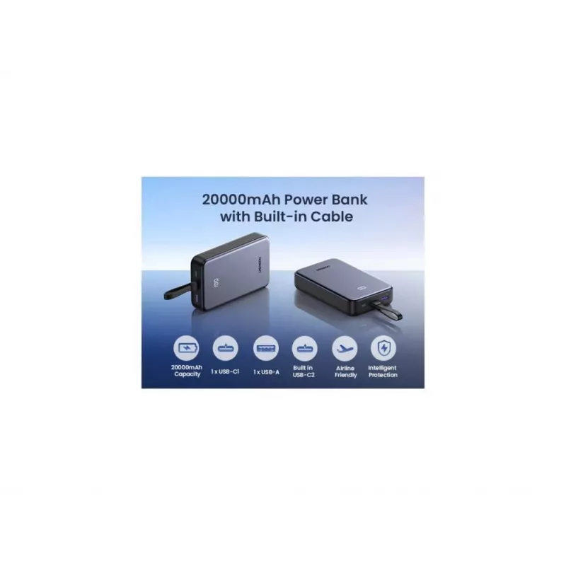 UGREEN powerbank 20000mAh 20W 45762 ingebouwde kabel grijs