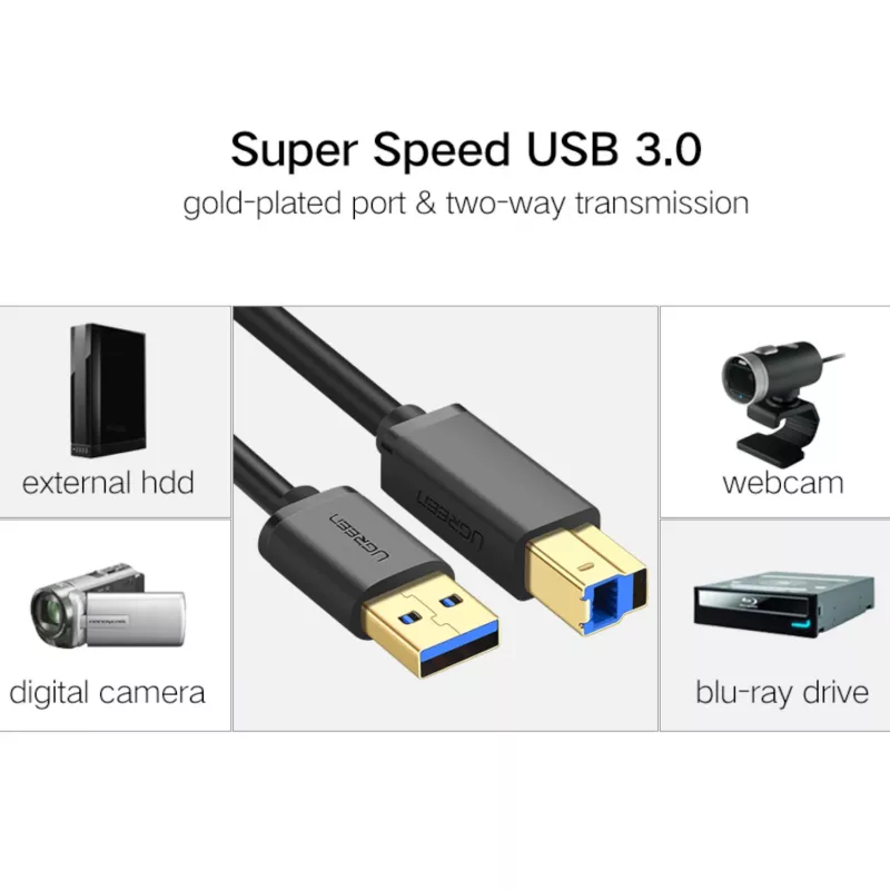 UGREEN US210 USB 3.0 A naar B kabel, 2m, zwart