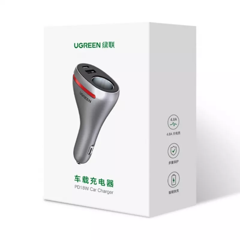 UGREEN USB Type-C / USB QC PD 24W autolader met 12V sigarettenaanstekerbus zilver (CD204)