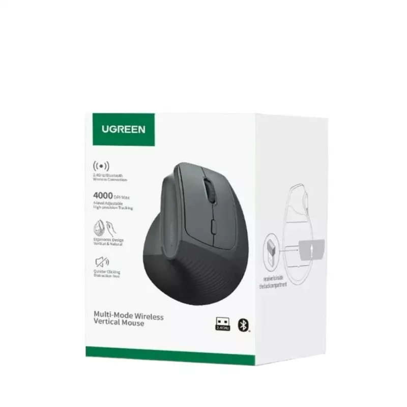 UGREEN draadloze verticale muis, 2,4 GHz / Bluetooth 5.4, instelbare DPI, zwart