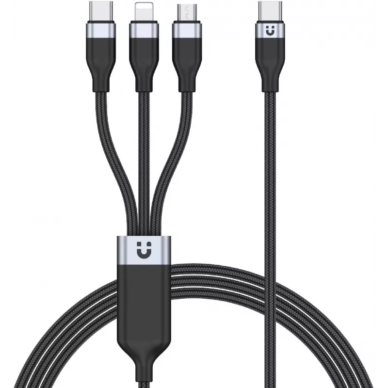 UNITEK 3-in-1 USB-A naar Lightning, USB-C, Micro USB nylon-gevlochten oplaadkabel 1,5 m zwart
