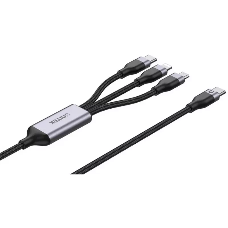 UNITEK 3-in-1 USB-A naar Lightning, USB-C, Micro USB nylon-gevlochten oplaadkabel 1,5 m zwart