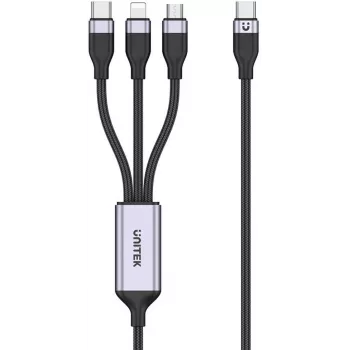 UNITEK 3-in-1 USB-A naar Lightning, USB-C, Micro USB nylon-gevlochten oplaadkabel 1,5 m zwart