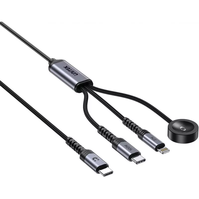 UNITEK 3-in-1 USB-C + Lightning + Apple Watch laadkabel, 100W PD, 480 Mbps, 1,2 m, zwart