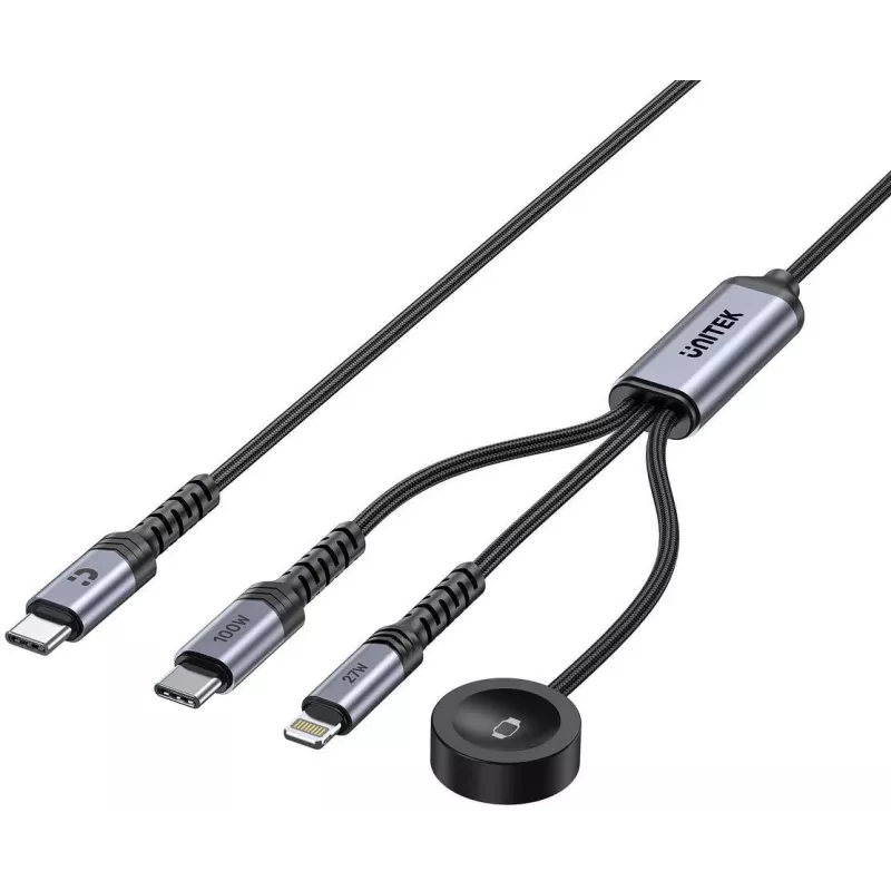 UNITEK 3-in-1 USB-C + Lightning + Apple Watch laadkabel, 100W PD, 480 Mbps, 1,2 m, zwart
