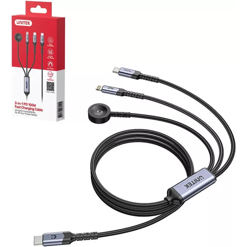UNITEK 3-in-1 USB-C + Lightning + Apple Watch laadkabel, 100W PD, 480 Mbps, 1,2 m, zwart