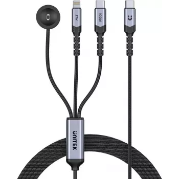 UNITEK 3-in-1 USB-C + Lightning + Apple Watch laadkabel, 100W PD, 480 Mbps, 1,2 m, zwart