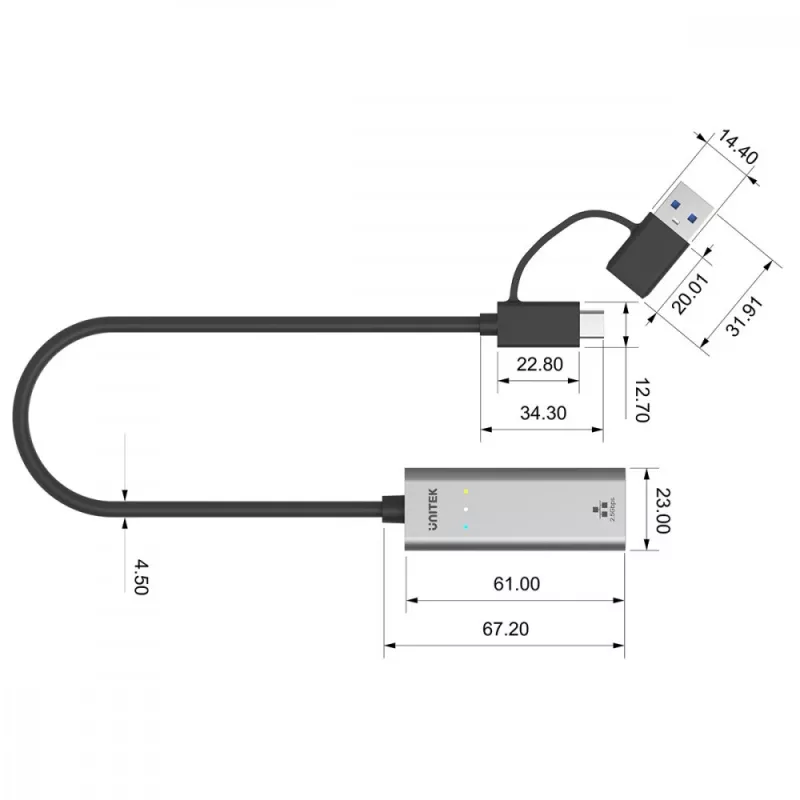 UNITEK USB-A/C 3.1 Gen 1 naar RJ45 2.5 Gigabit Ethernet-adapter U1313C