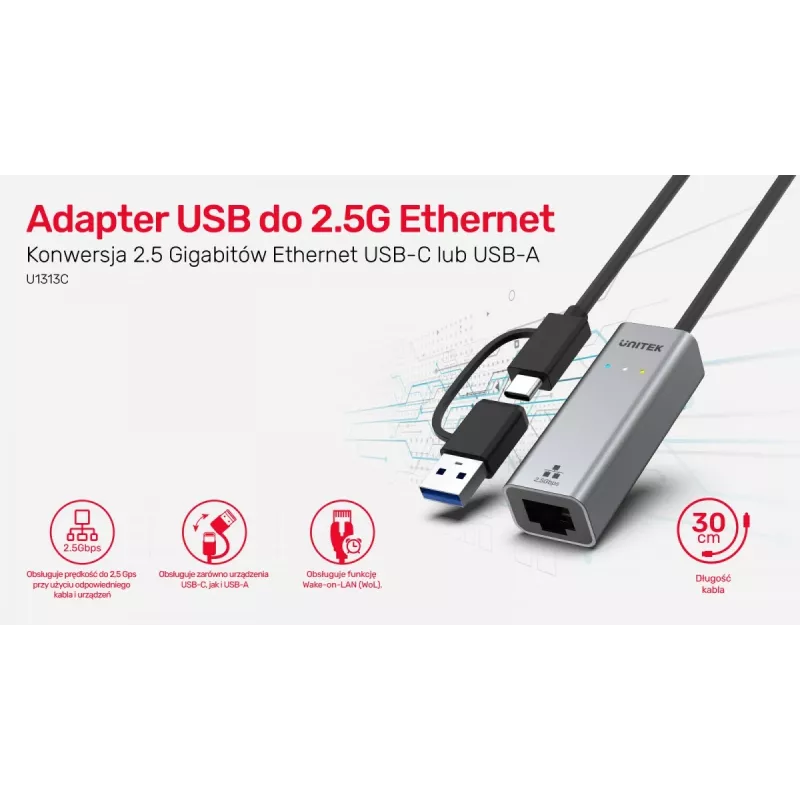 UNITEK USB-A/C 3.1 Gen 1 naar RJ45 2.5 Gigabit Ethernet-adapter U1313C