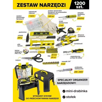 Universele gereedschap- en bevestigingsset 1200 stuks 1/4 inch 6-kant met ratel, dopsleutels, schroevendraaiers, steeksleutels, inbussleutels, tangen, hamer, mes, meetlint, waterpas, schroeven, moeren, ringen, pluggen, spijkers, is