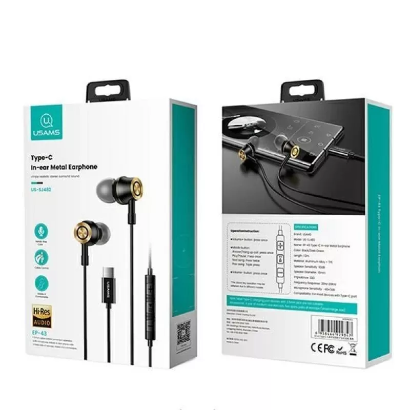 USAMS EP-43 metalen USB-C stereo-oortelefoon met microfoon, zwart