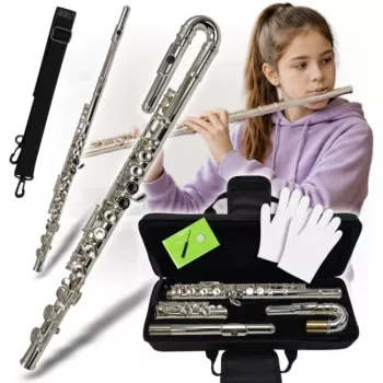 V-TONE SCF 16 dwarsfluit met gebogen kopstuk, C-voet, verzilverd nieuwzilver, gesloten kleppen, split-E-mechaniek, leerlingenfluit voor beginners met koffer en accessoires