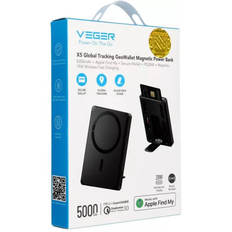 Veger GeoWallet Tracker X5 5000 mAh 20W PD QC 3.0 MFi MagSafe USB-C powerbank - zwart